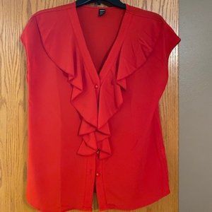 Red cap sleeve blouse with front ruffle
